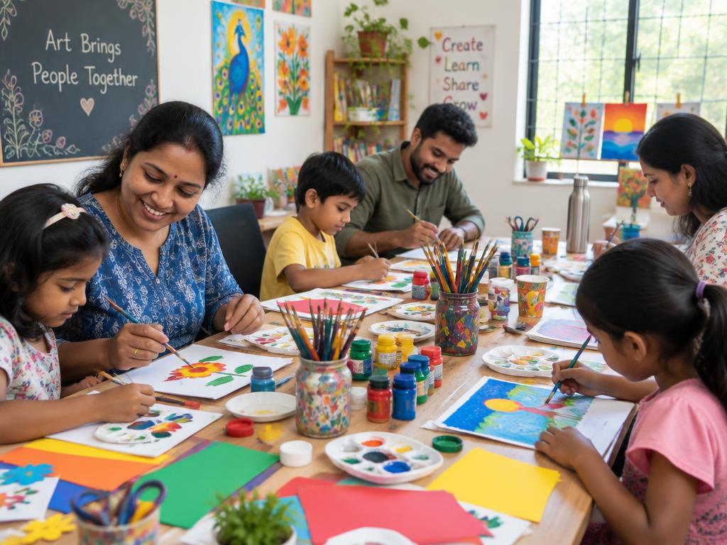 Kids painting together at an art workshop